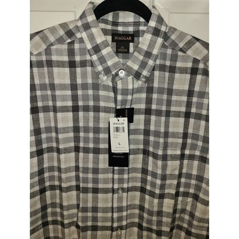 NWT‎ Haggar Mens L Shirt Short Sleeve LINEN BLEND Gray Black White Plaid MSP $80